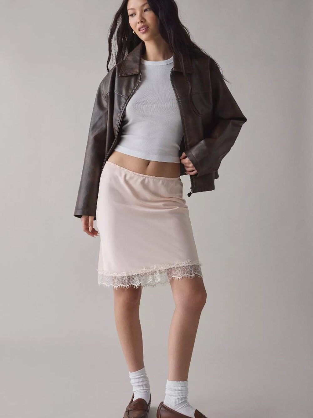 Urban Outfitters UO Kimchi Blue Addy Lace Trim Satin Slip Midi Skirt - Pink - XS